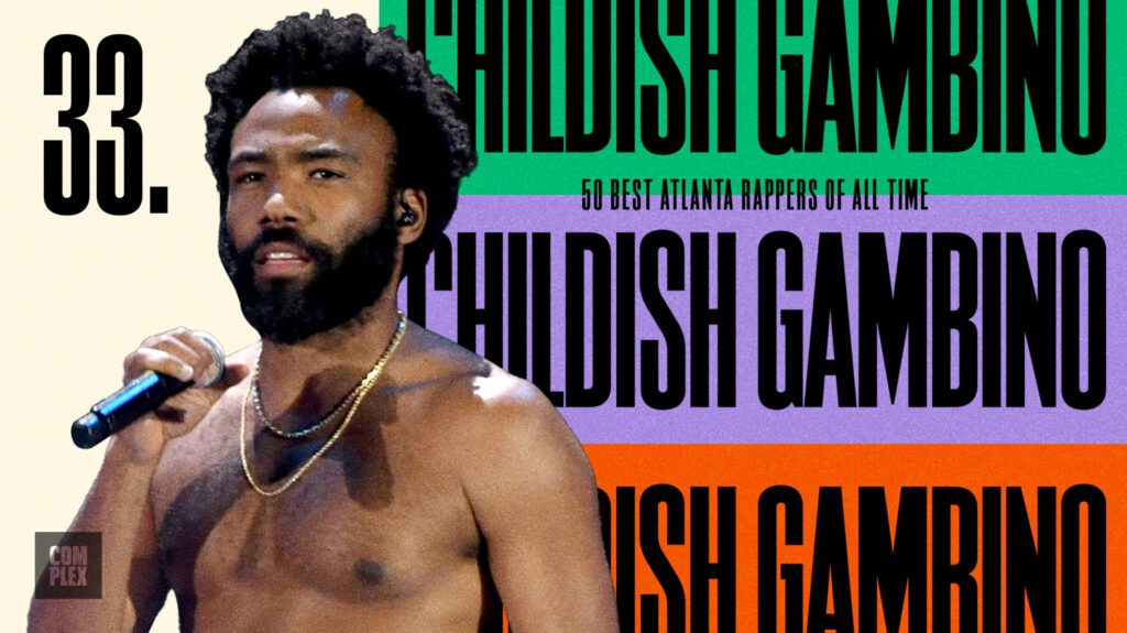 Childish Gambino shirtless holding a mic