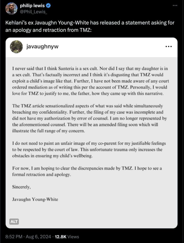 Kehlani's ex Javaughn Young-White has requested a formal retraction and apology from TMZ via a public statement on Instagram